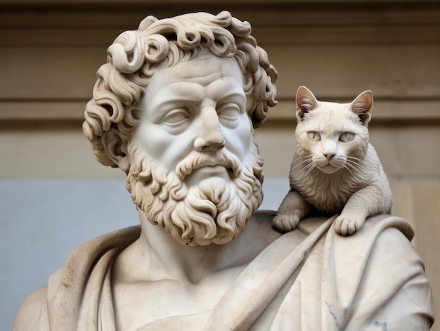 une statue d'un homme avec un chat sur son épaule