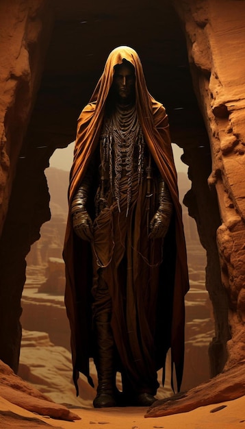 une statue d'un homme dans une grotte avec un manteau rouge.