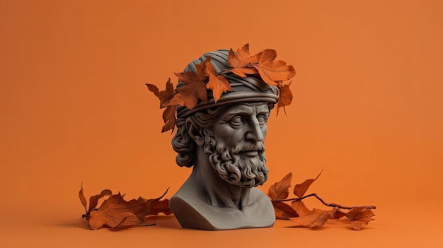 une statue d'un homme avec des feuilles sur la tête
