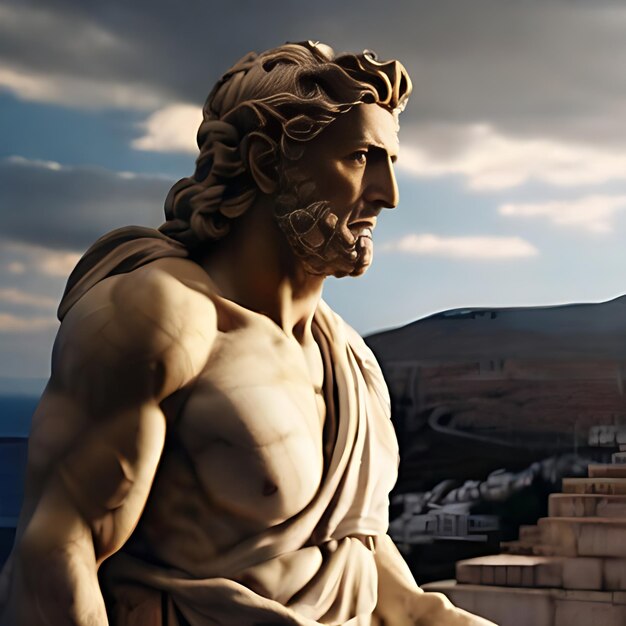 Photo une statue d'un homme grec avec une barbe et une barbe se tient dans une pièce sombre