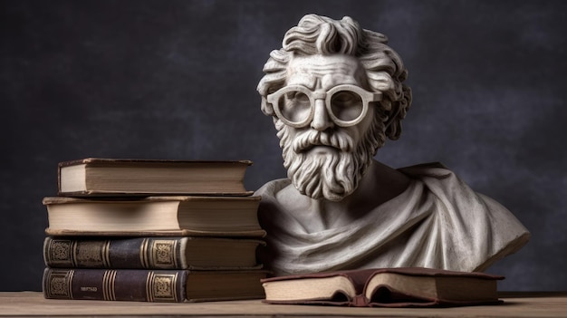 une statue d'un homme à lunettes à côté d'une pile de livres