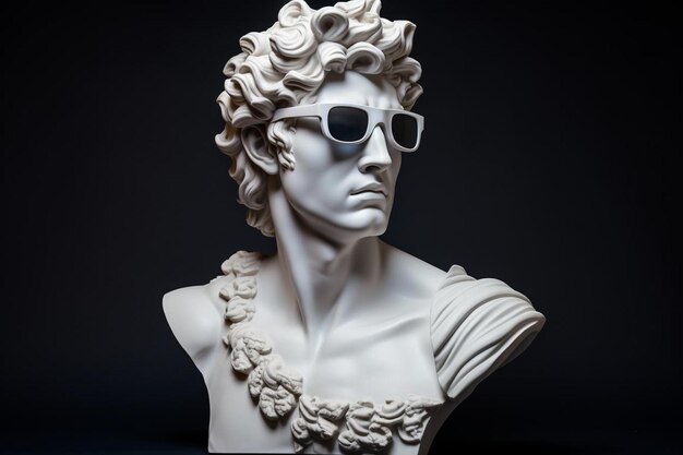 une statue d'un homme portant des lunettes de soleil et un collier