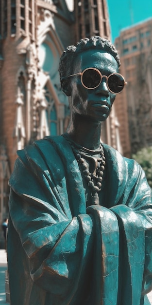 Une statue d'un homme portant des lunettes de soleil se dresse devant une église.