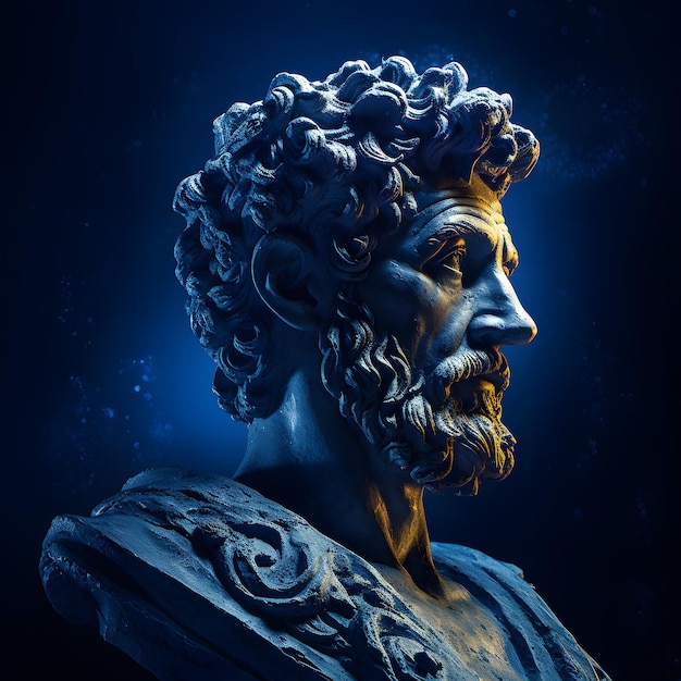Une statue d'un homme romain aux cheveux bouclés et à la barbe bouclée.