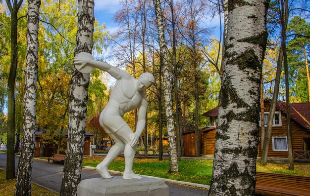 Photo une statue d'un homme se trouve dans un parc avec des arbres en arrière-plan.