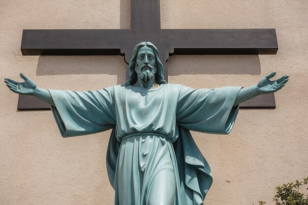 Une statue de Jésus est devant une croix.