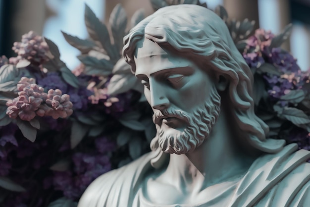 Une statue de Jésus avec des fleurs violettes en arrière-plan