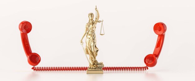 La Statue de la Justice dame justice ou Iustitia Justitia la déesse romaine de la Justice avec récepteur téléphonique rouge comme image concept avocat