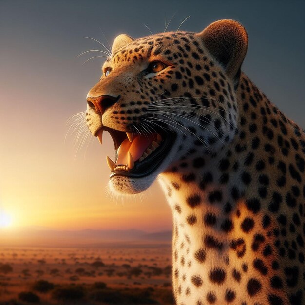 une statue de léopard est montrée au coucher du soleil