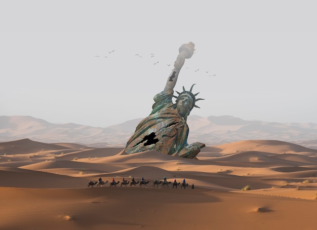 Statue de la liberté coulée dans les sables du désert