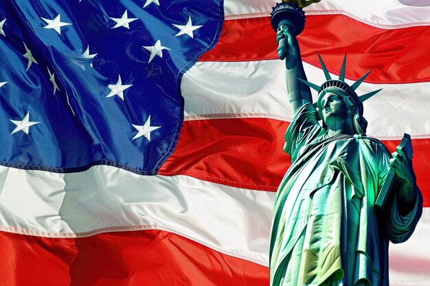 statue de la liberté avec un drapeau américain derrière elle illustration