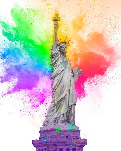 Statue de la liberté avec explosion de poudre de peinture holi arc-en-ciel colorée isolée sur fond blanc