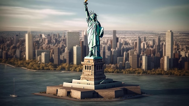 La statue de la liberté sur l'île vue d'en haut Un symbole de la liberté générée par l'IA