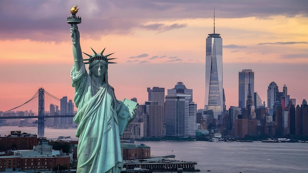 La Statue de la Liberté avec le One World Trade Center au-dessus de la rivière Hudson et de la ville de New York