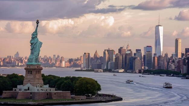 La statue de la liberté sur la scène de la ville de New York sur le bord de la rivière dont l'emplacement est le bas de Manhattan