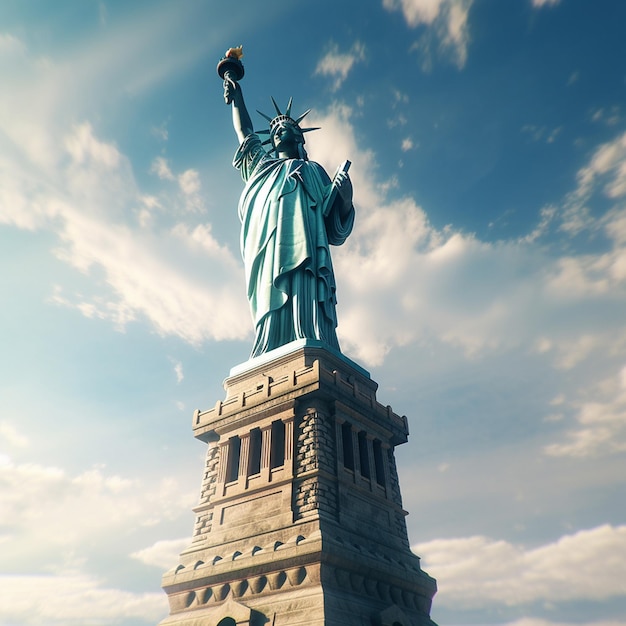 Une statue de la liberté se dresse devant un ciel nuageux.