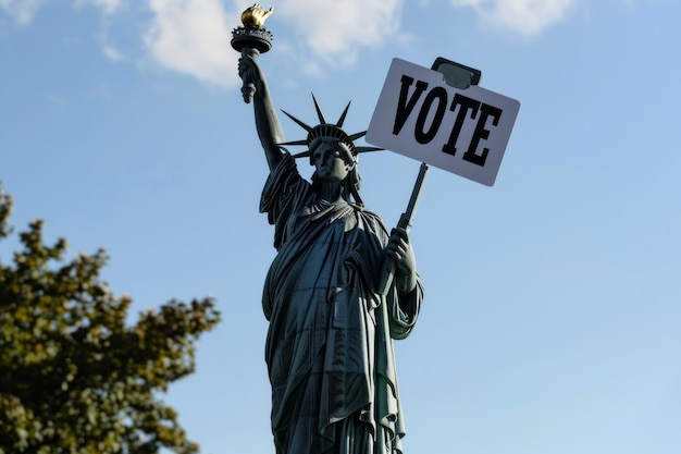 La statue de la Liberté tenant un panneau de vote avant les élections présidentielles américaines