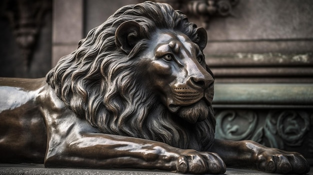 Une statue de lion en bronze repose sur un piédestal.