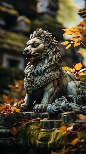 une statue d'un lion avec un lion dessus