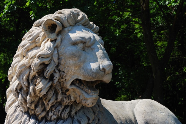 Statue de lion en pierre dans un château à gauche