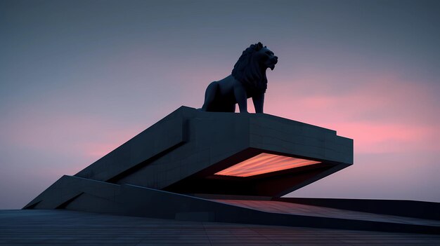 Une statue de lion se dresse sur un bâtiment au coucher du soleil.