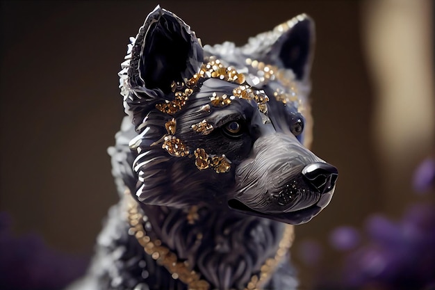 Une statue de loup noir avec des perles d'or sur la tête