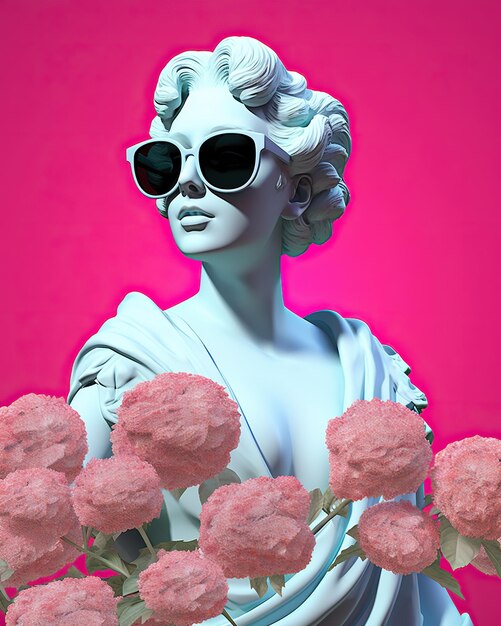 Une statue avec des lunettes de soleil est entourée de fleurs roses sur un fond rose