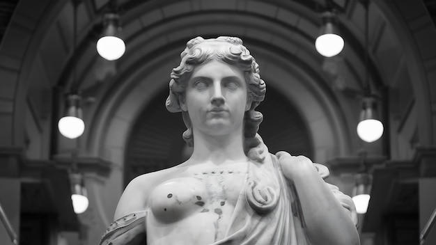 Une statue en marbre d'une femme sous les lumières.