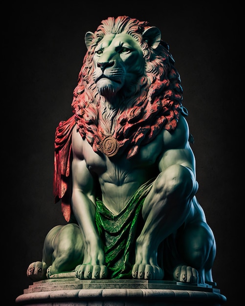 Statue en marbre vert du roi lion dans une pose royale spectaculaire
