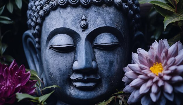 La statue en méditation symbolise la spiritualité et la tranquillité dans la nature générée par l'IA