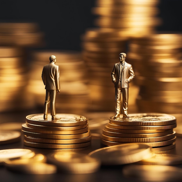 Statue miniature d'un homme d'affaires debout sur des piles de pièces d'or
