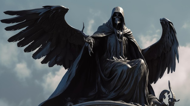 Une statue d'un mort avec des ailes et un crâne avec des ailes et un crâne avec des ailes.