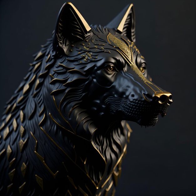 Une statue noire d'un loup avec des motifs dorés et noirs.