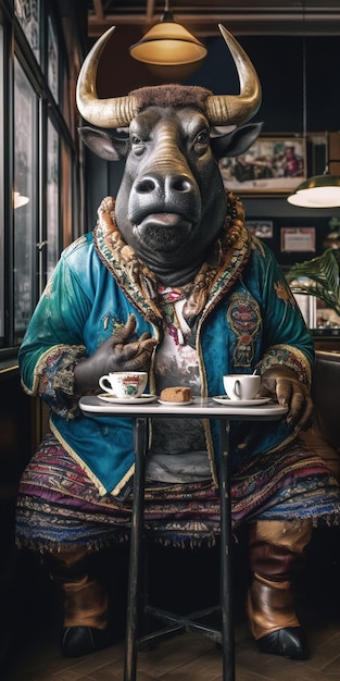 Une statue d'ours avec un plateau de beignets et une tasse de café.