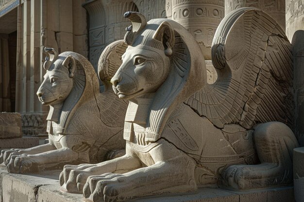 une statue en pierre de deux lions avec le mot lion dessus