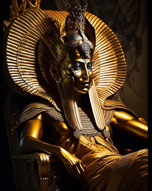 Une statue de reine de déesse égyptienne de pharaon dans le masque d'or et les accessoires d'or se reposant sur le trône