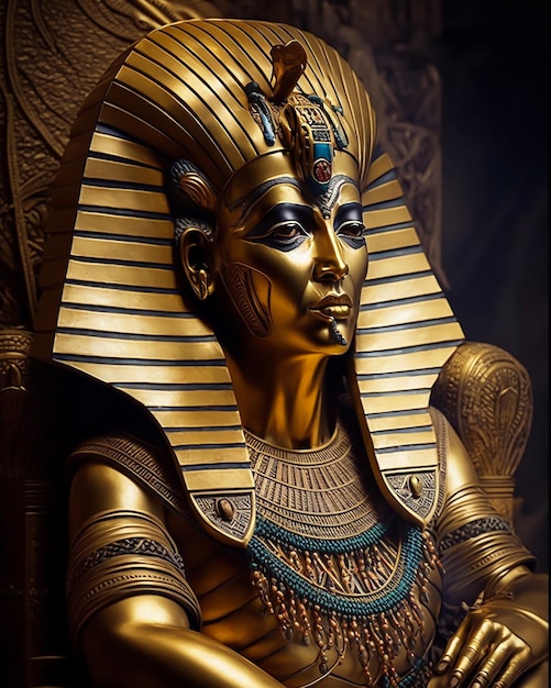 Une statue de reine de déesse égyptienne de pharaon dans le masque d'or et les accessoires d'or se reposant sur le trône