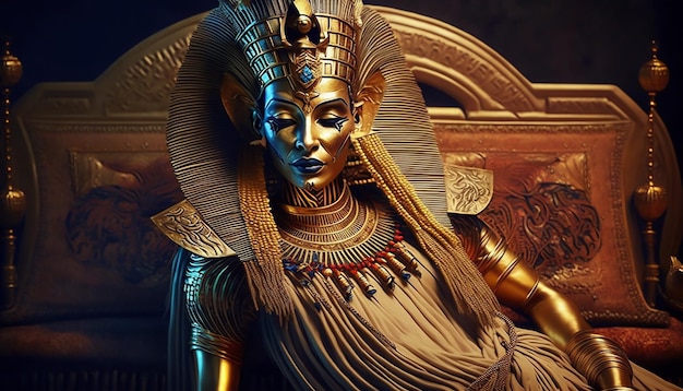 Une statue de reine de déesse égyptienne de pharaon dans le masque d'or et les accessoires d'or se reposant sur le trône