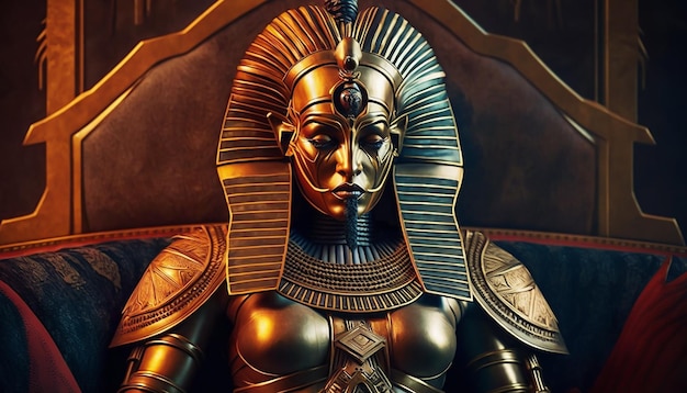 Une statue de reine de déesse égyptienne de pharaon dans le masque d'or et les accessoires d'or se reposant sur le trône