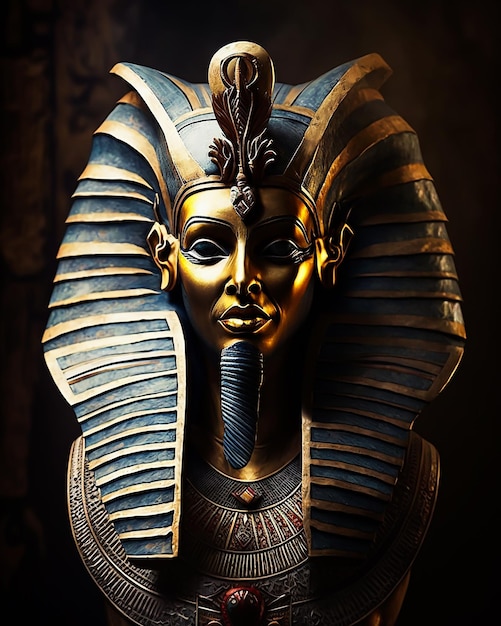 Une statue de reine de déesse égyptienne de pharaon dans le masque d'or et les accessoires d'or se reposant sur le trône