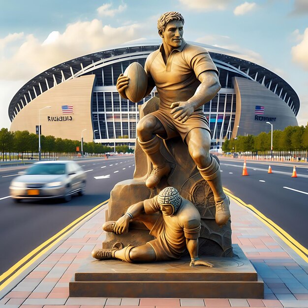 Statue de rugby devant le stade générée par ai