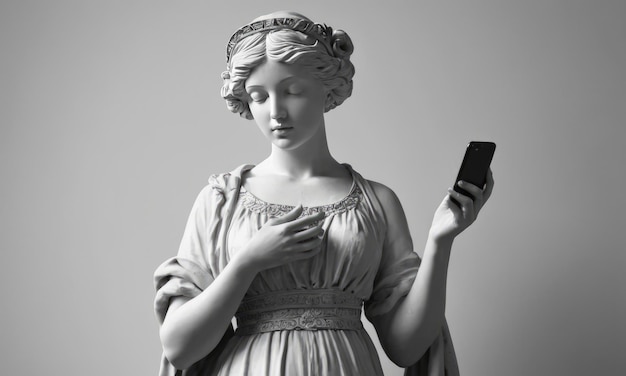 Photo statue ou sculpture antique d'une fille regardant et tenant un smartphone génération ai