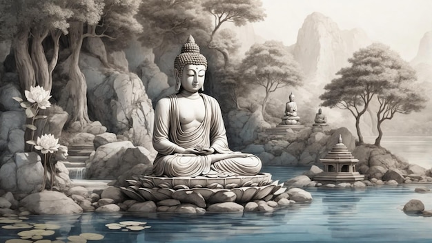 Une statue sereine de Bouddha se dresse au milieu d'un paysage verdoyant entouré d'un étang tranquille.