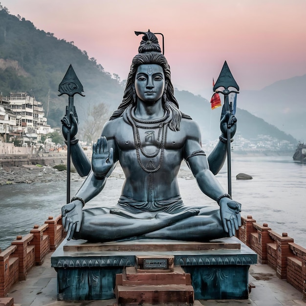 Photo statue de shiva idole hindoue près de l'eau du fleuve gange rishikesh inde le premier dieu hindou shiva sacré