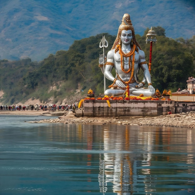 Photo statue de shiva idole hindoue près de l'eau du fleuve gange rishikesh inde le premier dieu hindou shiva sacré