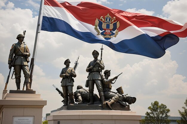 Photo une statue de soldats avec le drapeau dessus.