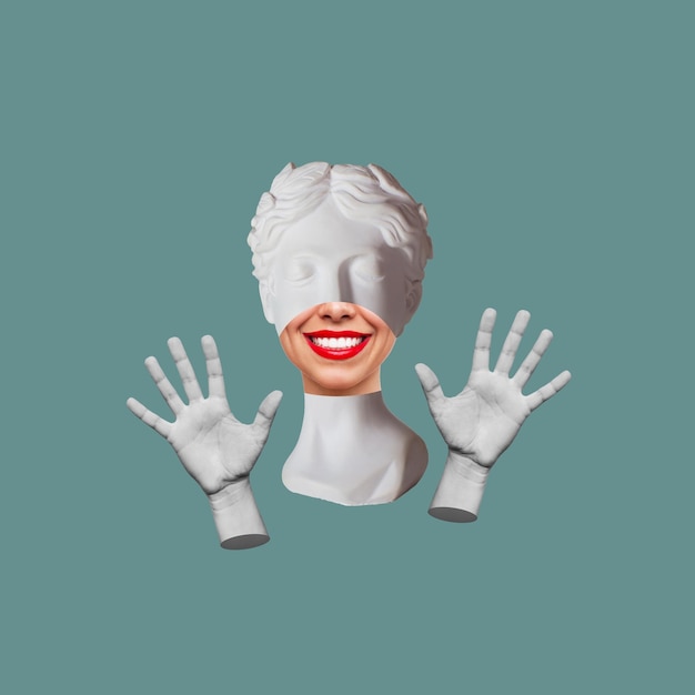Statue souriante féminine antique montrant des paumes avec un geste de cinq doigts avec ses mains