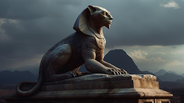 Une statue de sphinx est assise sur un pont au milieu d'un ciel nuageux.