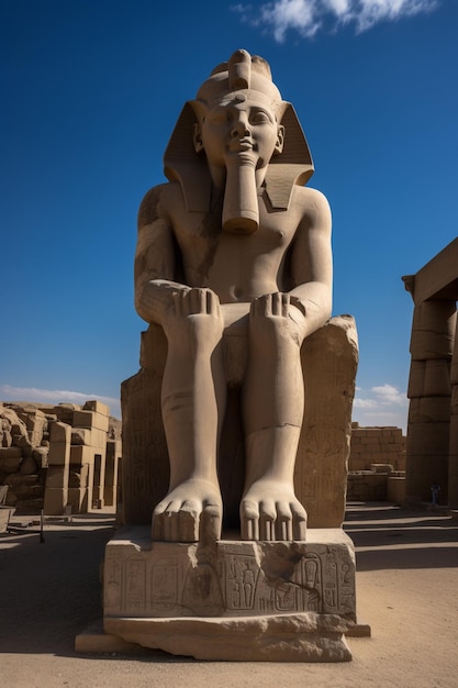 Une statue de sphinx se dresse devant un ciel bleu.