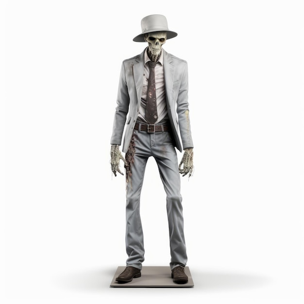 Statue de squelette réaliste en cravate et chapeau mode zombie 3D de haute qualité